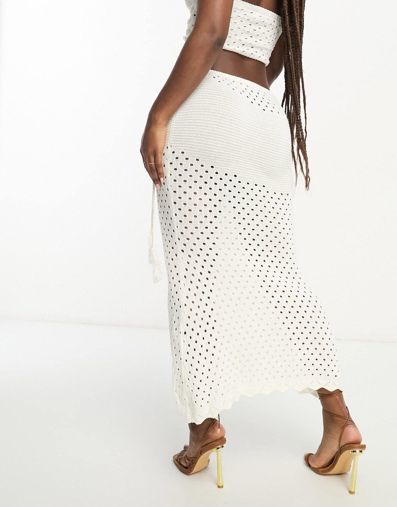 SNDYS crochet midi skirt co-ord in white
