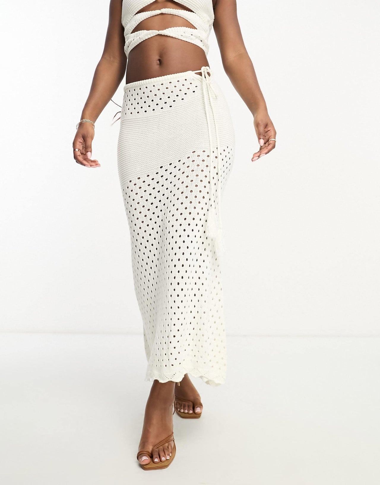 SNDYS crochet midi skirt co-ord in white