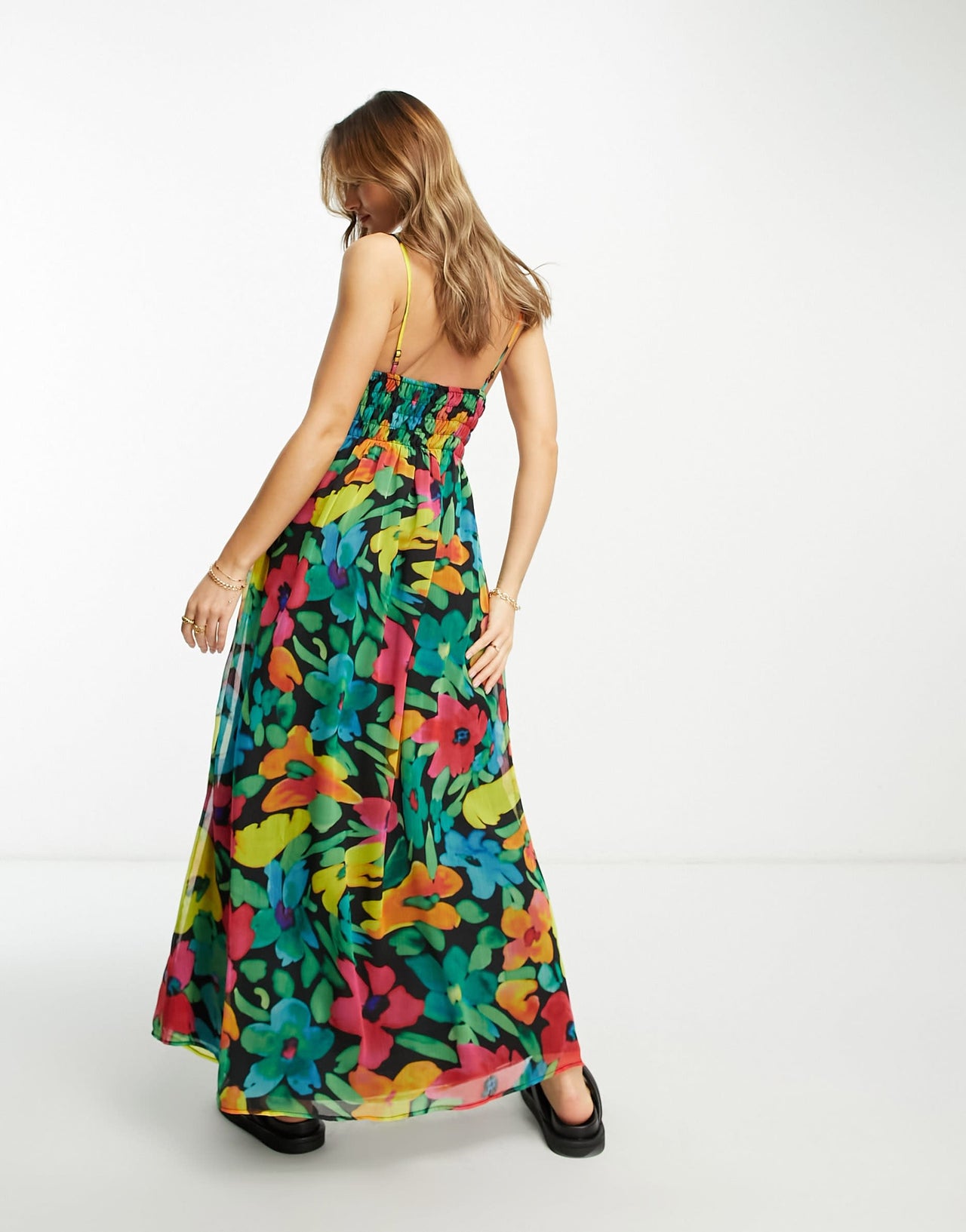 ASOS DESIGN soft shirred cami midi sundress in blurred floral print