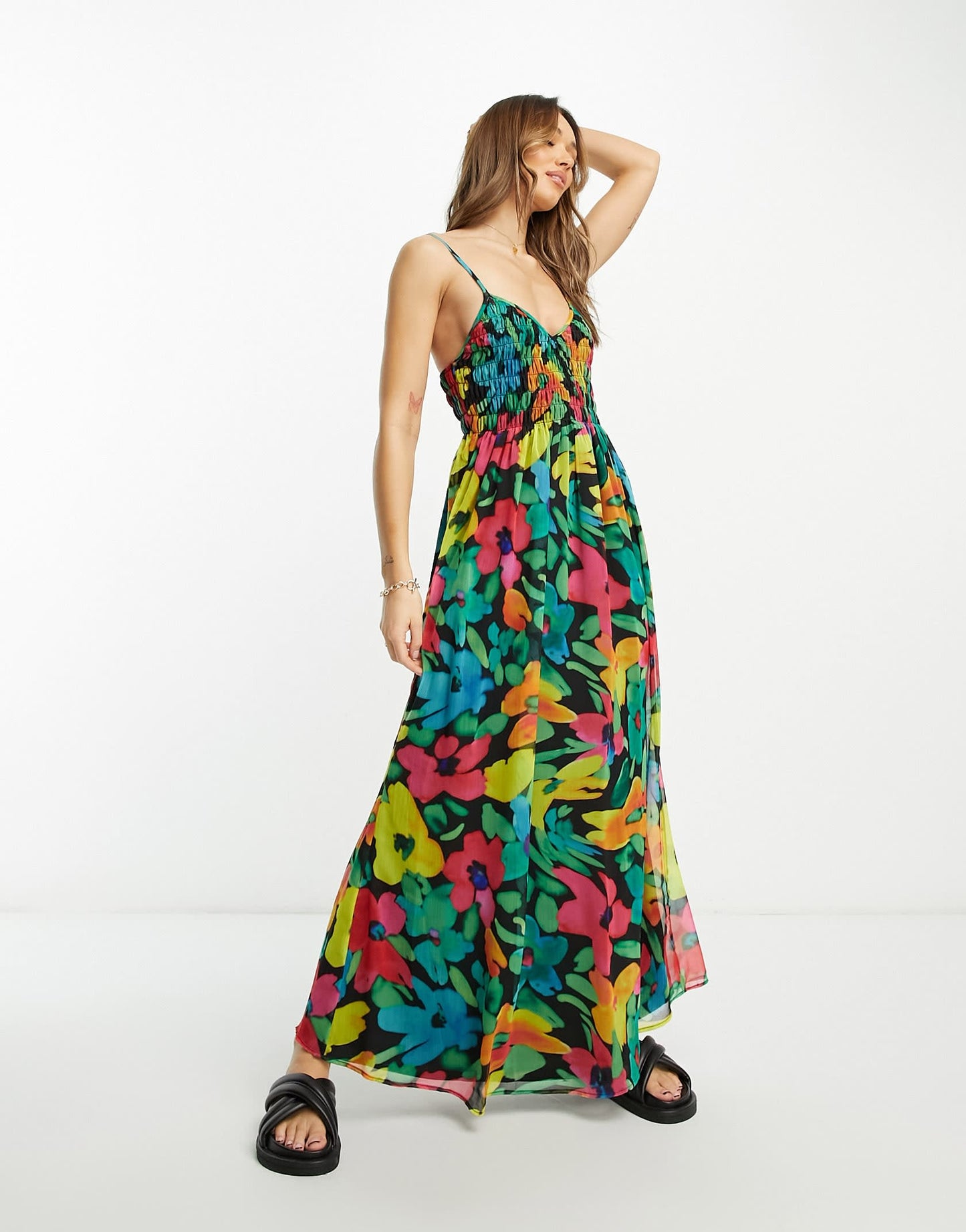 ASOS DESIGN soft shirred cami midi sundress in blurred floral print