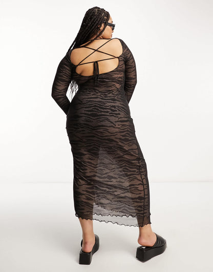 ASOS DESIGN Curve mesh long sleeve midi dress with lattice Back in zebra print