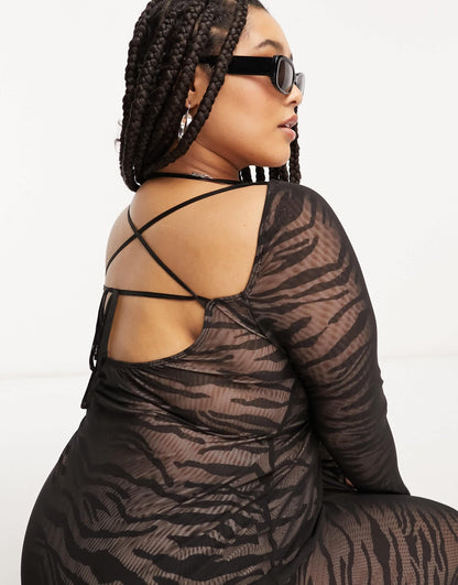 ASOS DESIGN Curve mesh long sleeve midi dress with lattice Back in zebra print