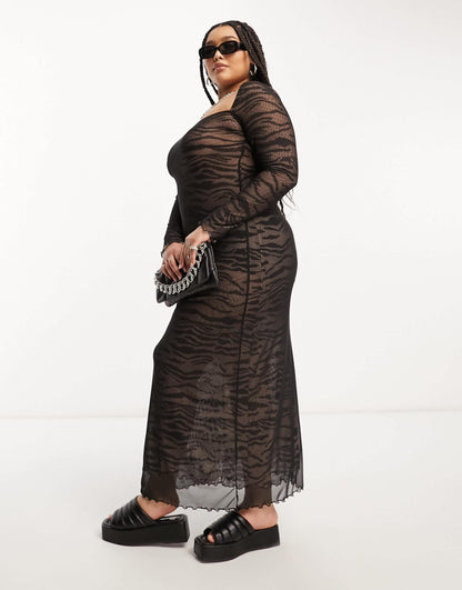 ASOS DESIGN Curve mesh long sleeve midi dress with lattice Back in zebra print