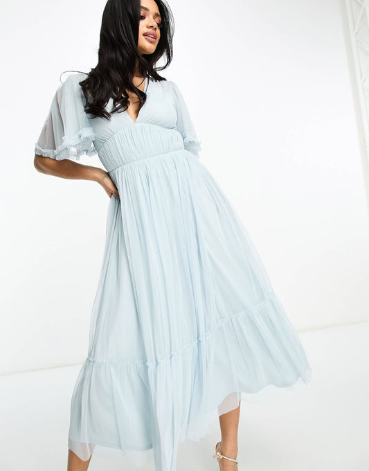 Beauut Bridesmaid tulle midi dress  with flutter sleeve in icey blue