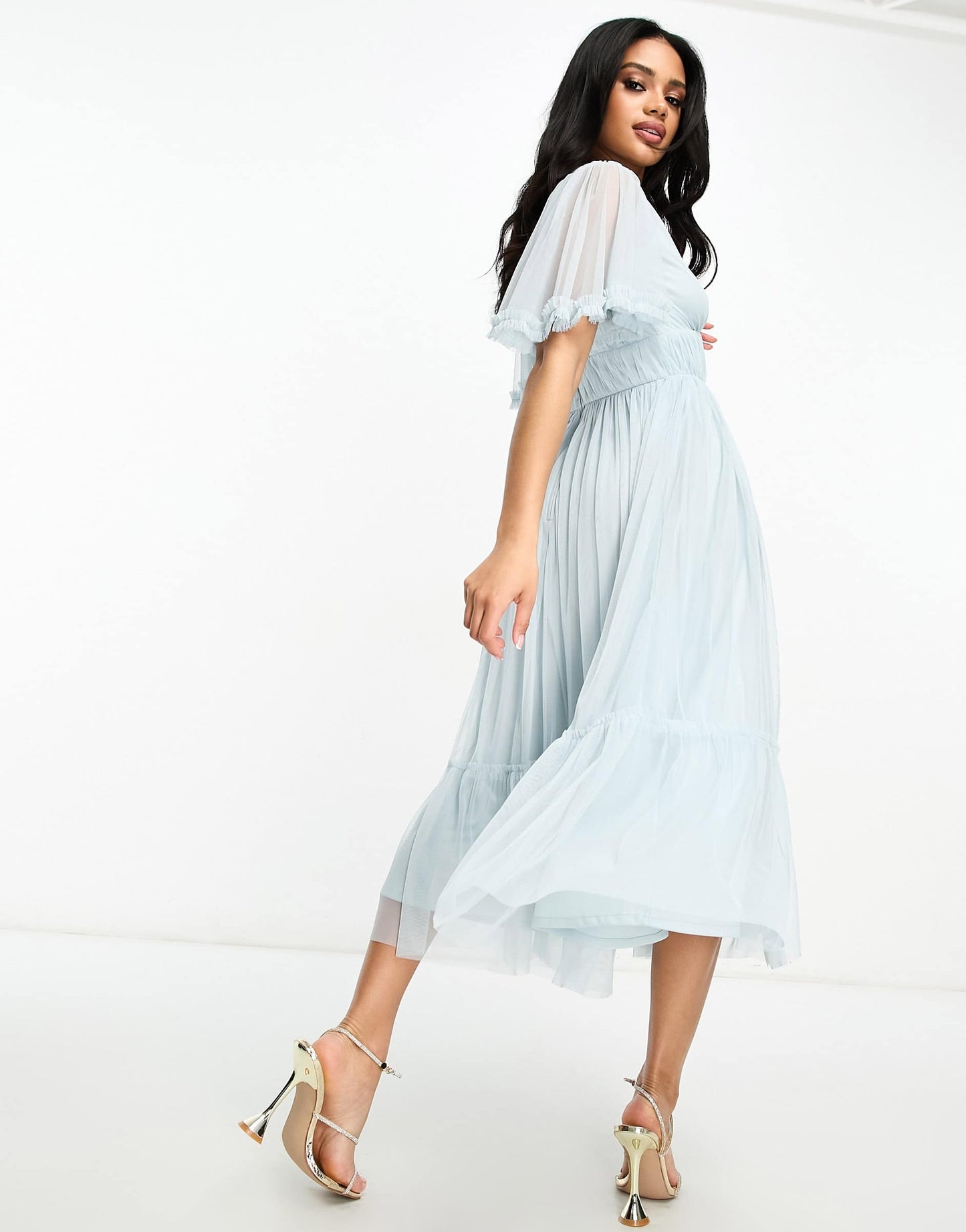 Beauut Bridesmaid tulle midi dress  with flutter sleeve in icey blue