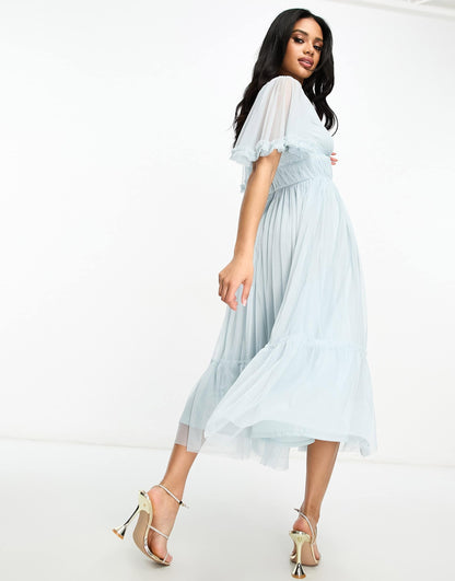 Beauut Bridesmaid tulle midi dress  with flutter sleeve in icey blue