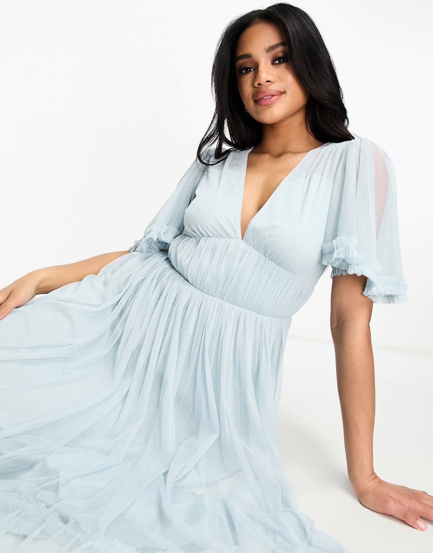 Beauut Bridesmaid tulle midi dress  with flutter sleeve in icey blue