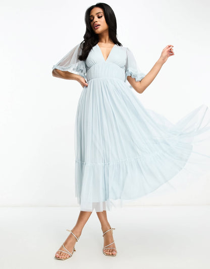 Beauut Bridesmaid tulle midi dress  with flutter sleeve in icey blue