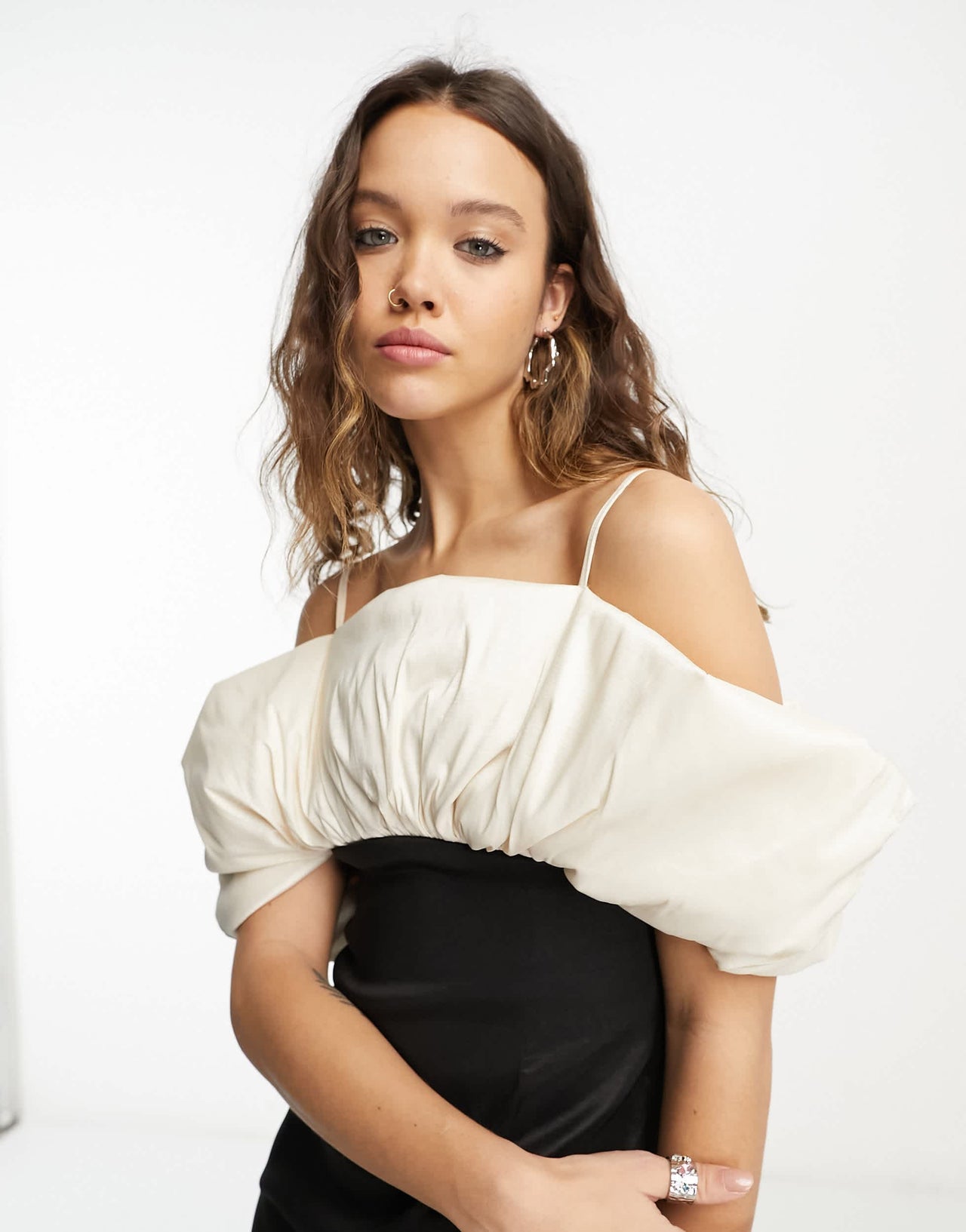 Bershka volume sleeve mini corset dress in cream