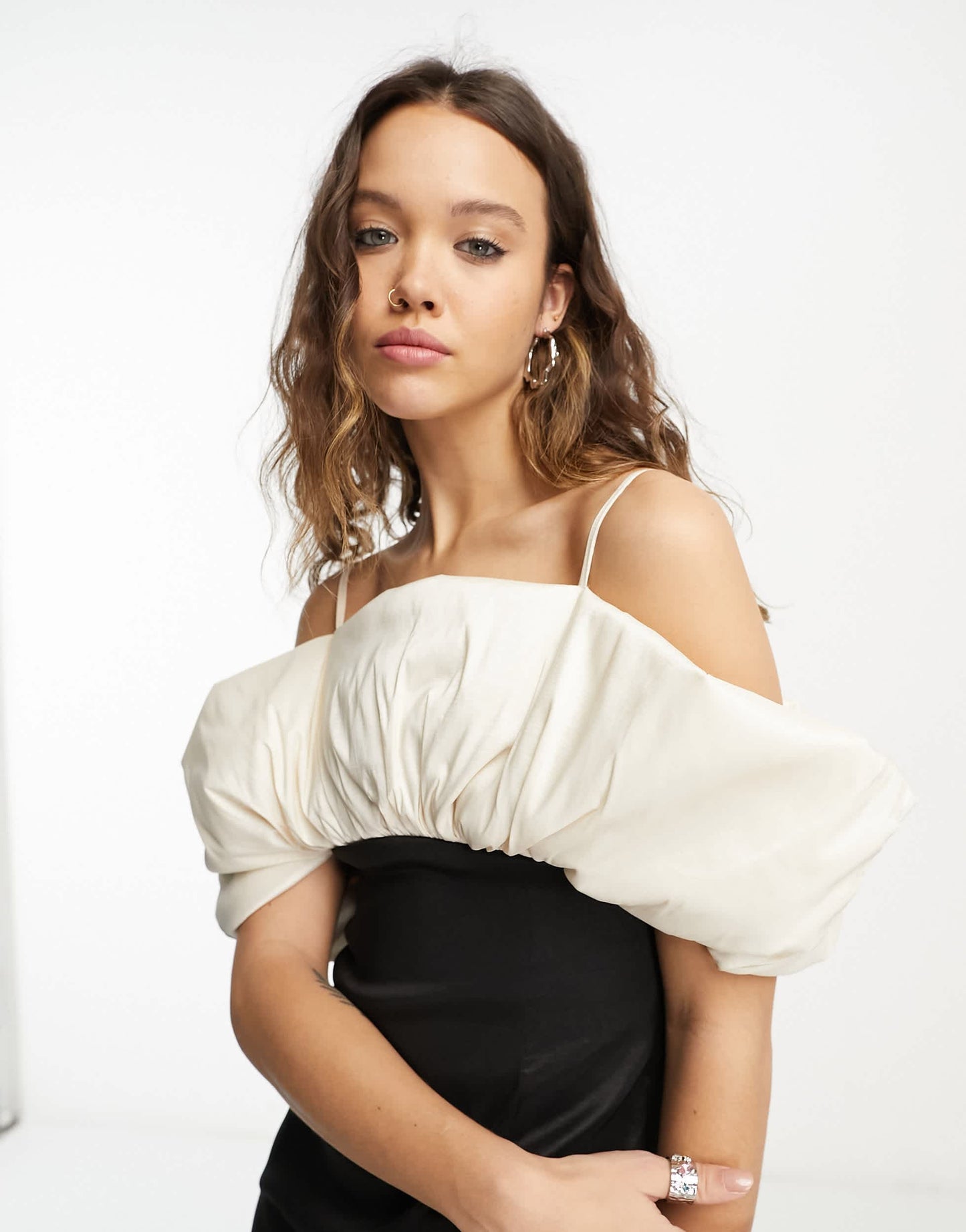 Bershka volume sleeve mini corset dress in cream