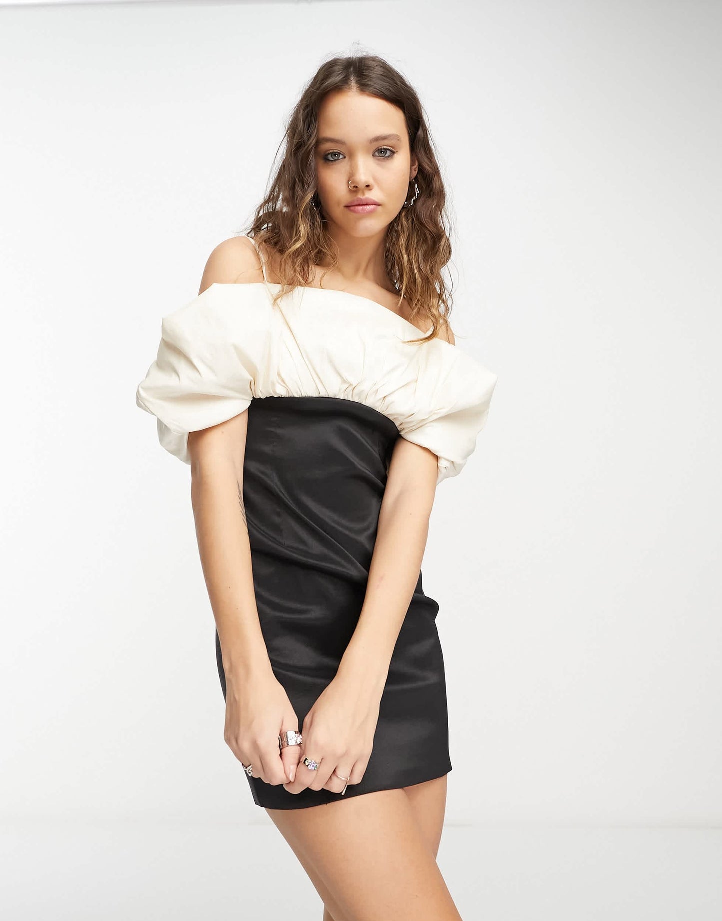Bershka volume sleeve mini corset dress in cream