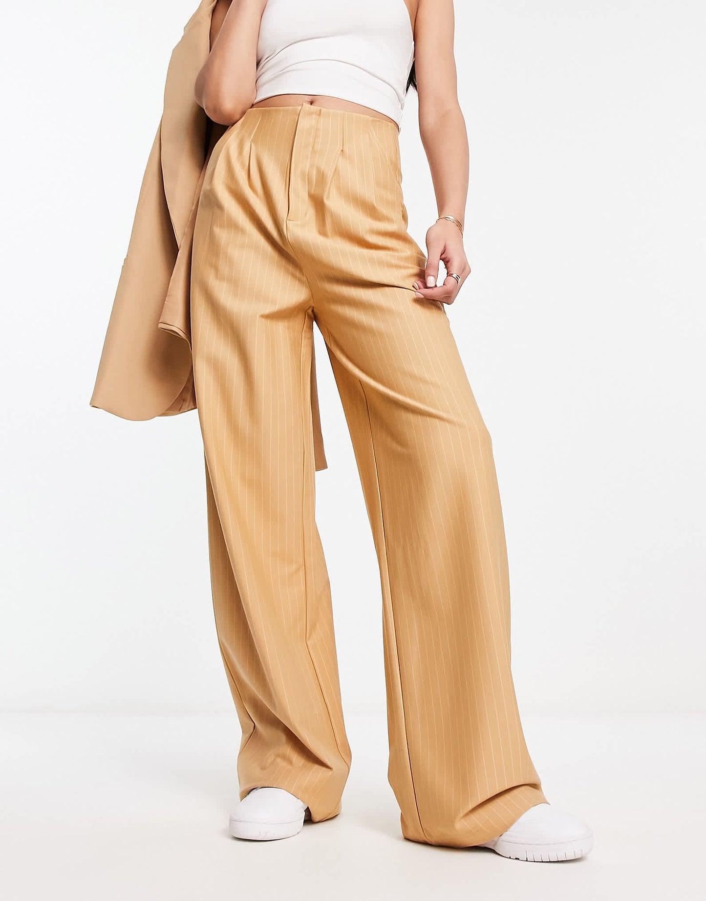 ASOS DESIGN premium stretch tailored trouser in camel pinstripe
