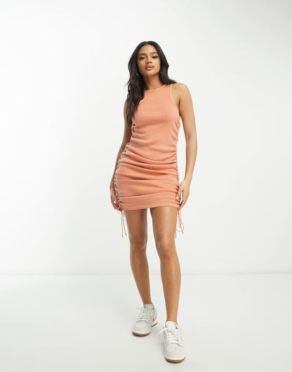 HUGO Nerana 1 fitted tank dress in washed open orange with rushed sides