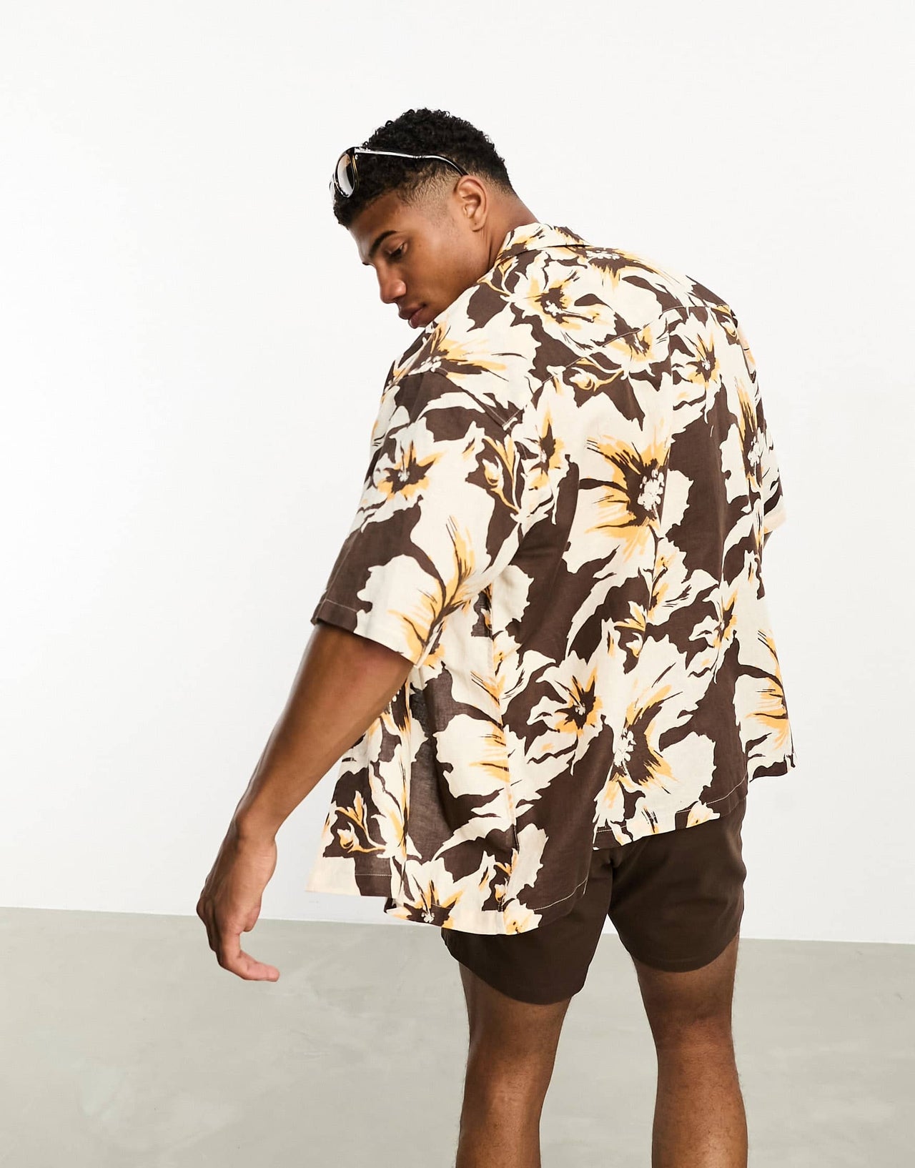 ASOS DESIGN boxy oversized revere linen mix shirt in brown lily print