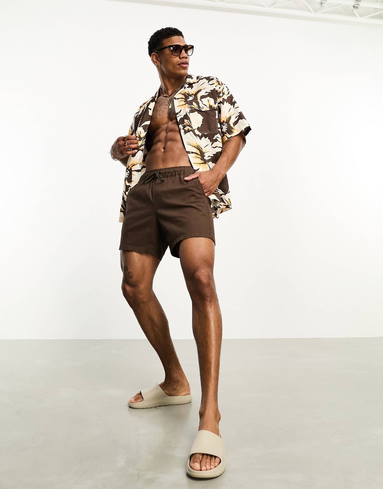 ASOS DESIGN boxy oversized revere linen mix shirt in brown lily print