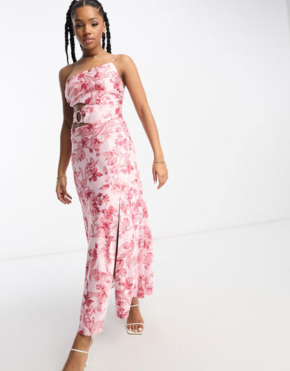 Forever New cut out maxi dress in red floral satin