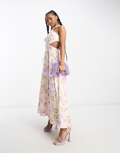 Forever New halter neck open back maxi dress in lilac floral