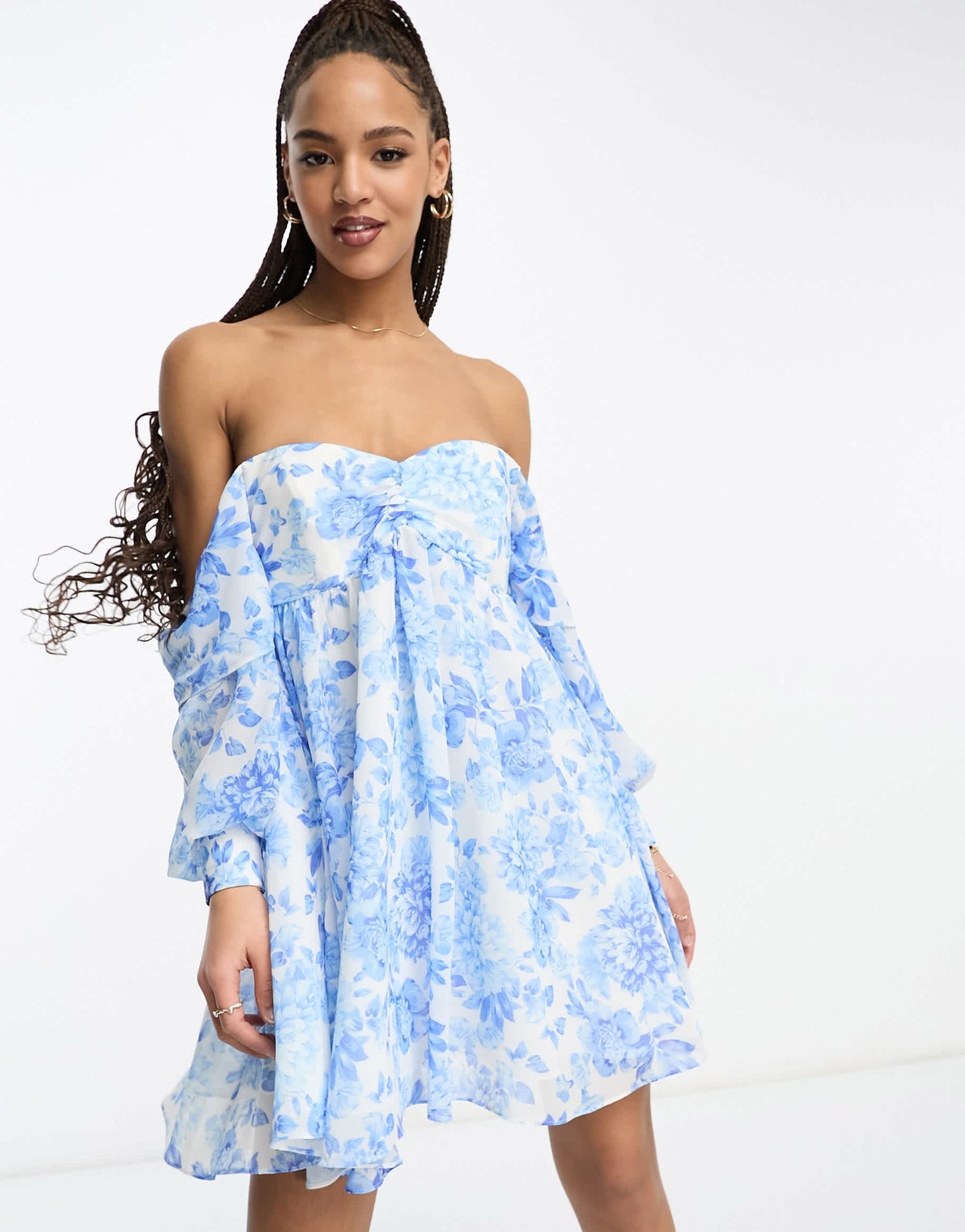 Forever New off shoulder long sleeve mini dress in blue floral