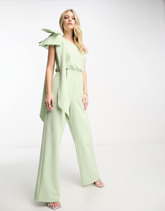 Forever New one shoulder bow jumpsuit in olive
