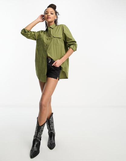 Miss Selfridge poplin utility oversized shirt in khaki