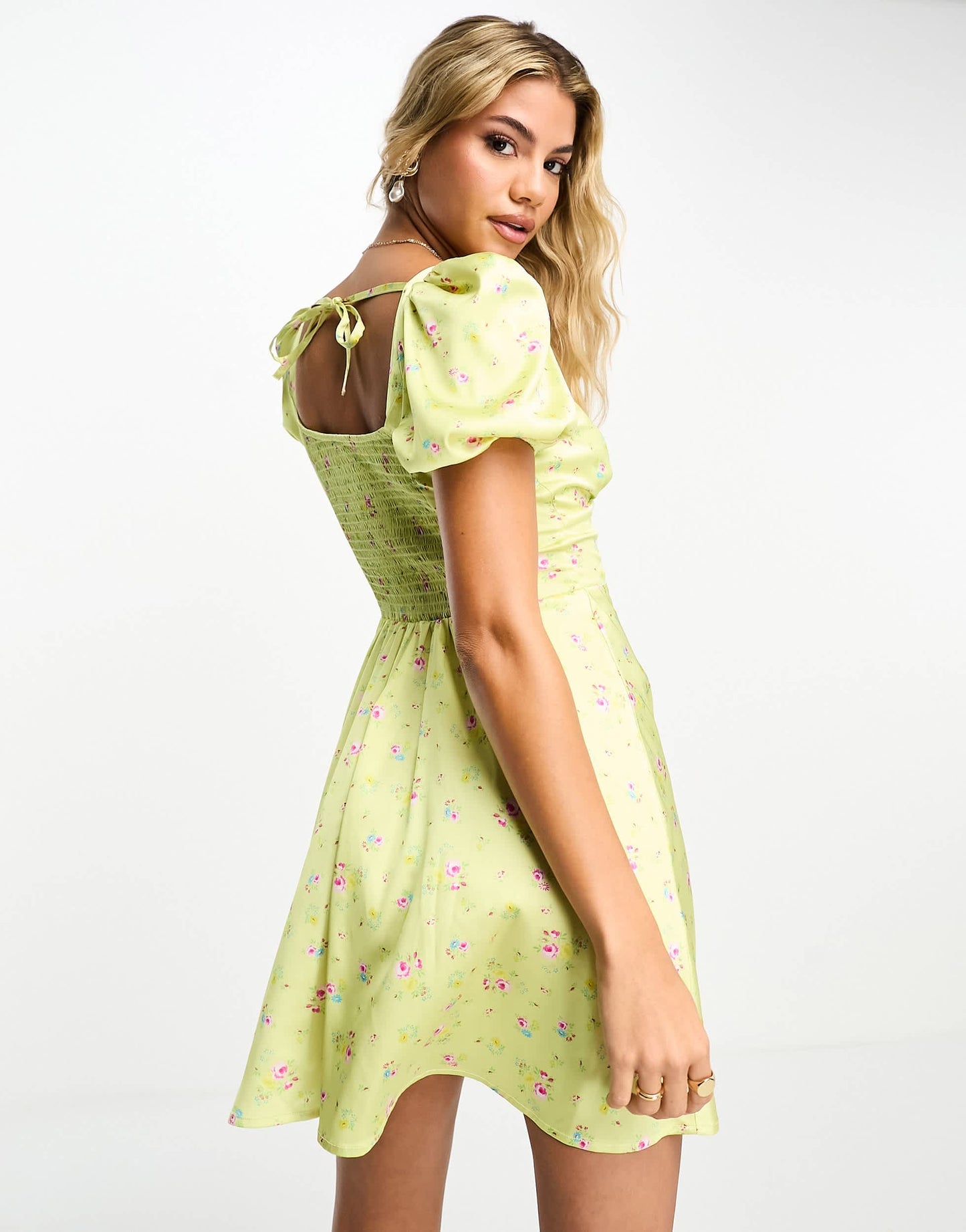 Miss Selfridge satin mini tea dress in yellow ditsy