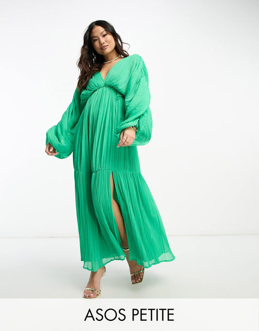 ASOS DESIGN Petite micro pleated batwing trapeze maxi dress in bright green