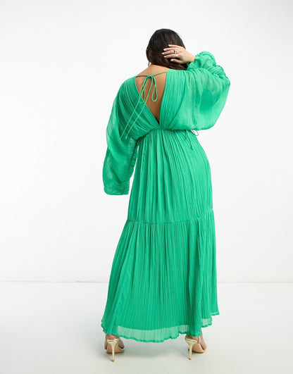 ASOS DESIGN Petite micro pleated batwing trapeze maxi dress in bright green