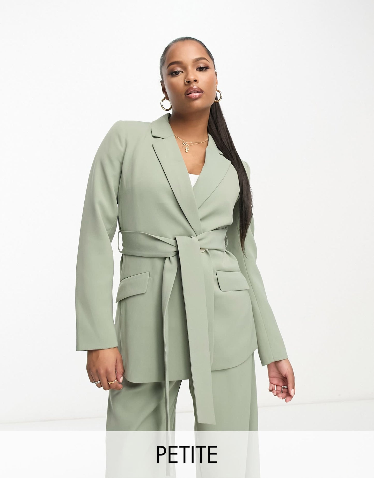 Forever New Petite blazer with tie belt in olive
