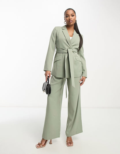 Forever New Petite blazer with tie belt in olive