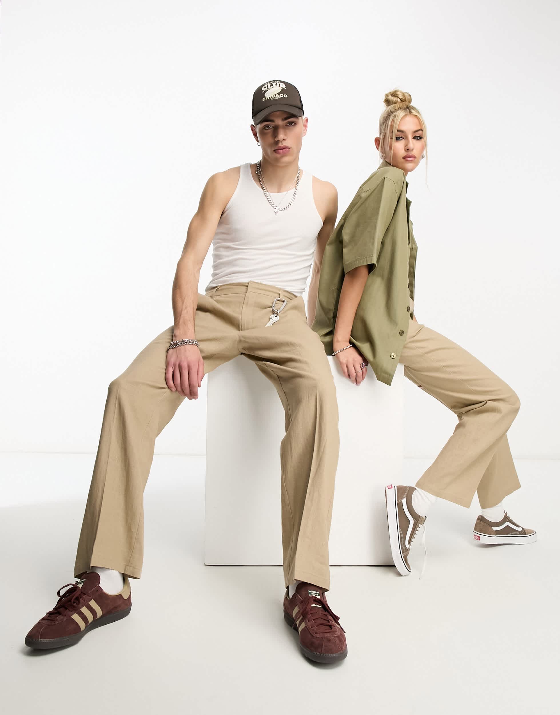COLLUSION Unisex slouchy straight leg woven trouser in mushroom - STONE