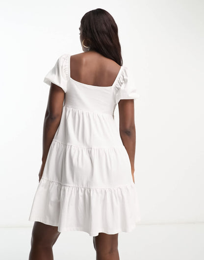ASOS DESIGN short sleeve mini tiered smock dress with crochet detail in ivory