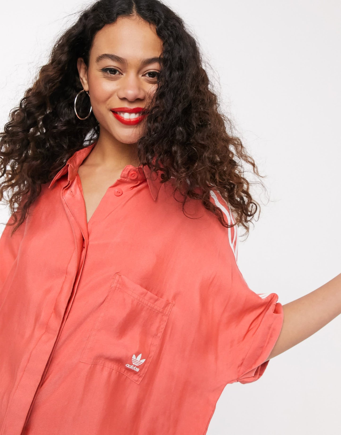 adidas Originals adicolor short sleeve satin button up shirt in red