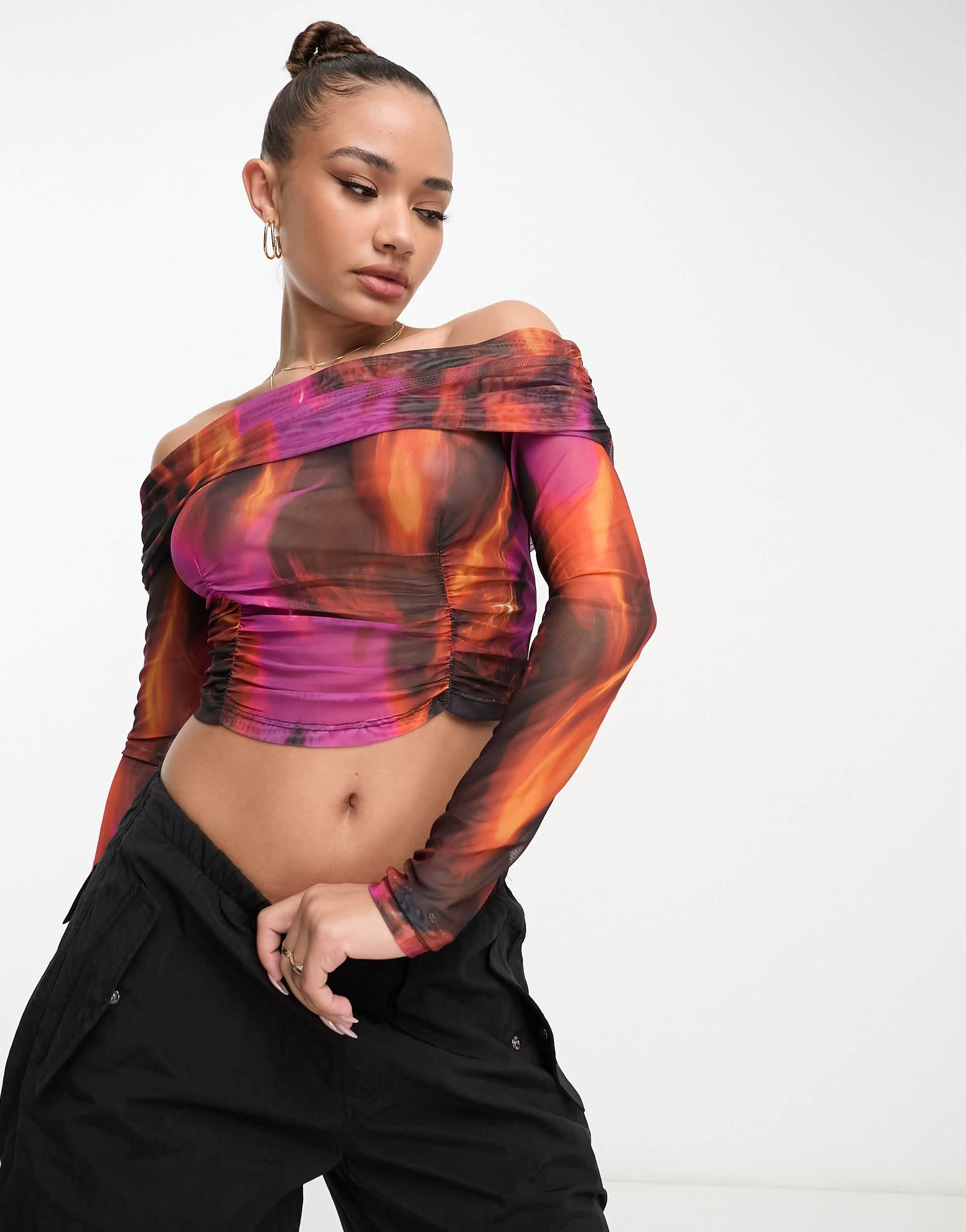 ASOS DESIGN off shoulder bardot mesh top in graphic print