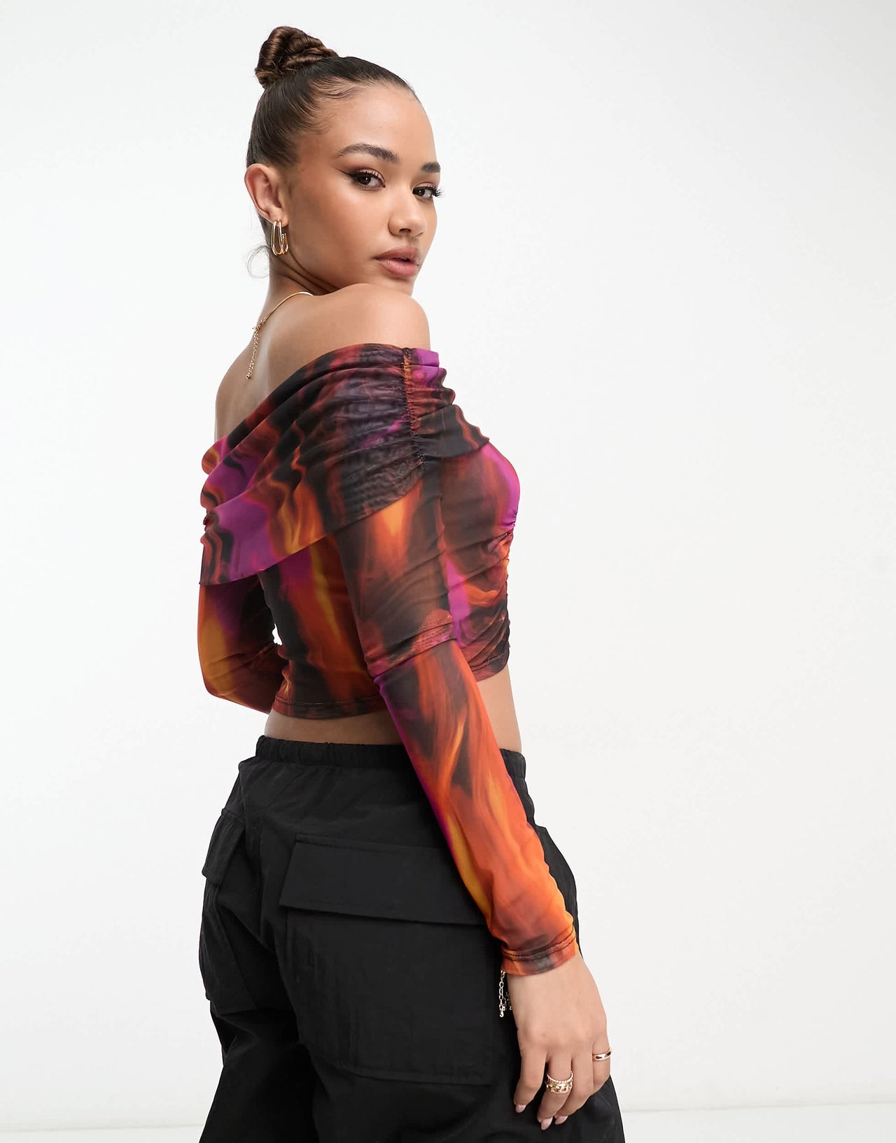 ASOS DESIGN off shoulder bardot mesh top in graphic print