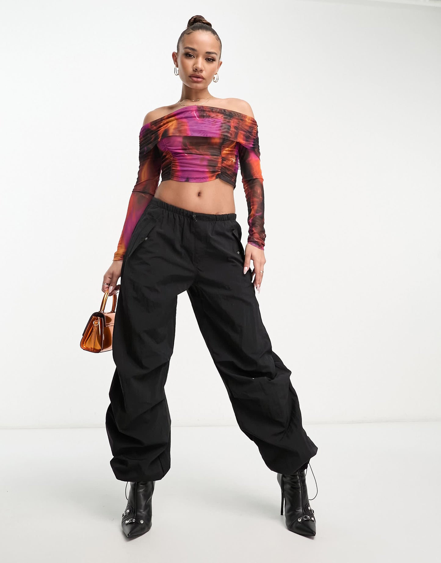 ASOS DESIGN off shoulder bardot mesh top in graphic print