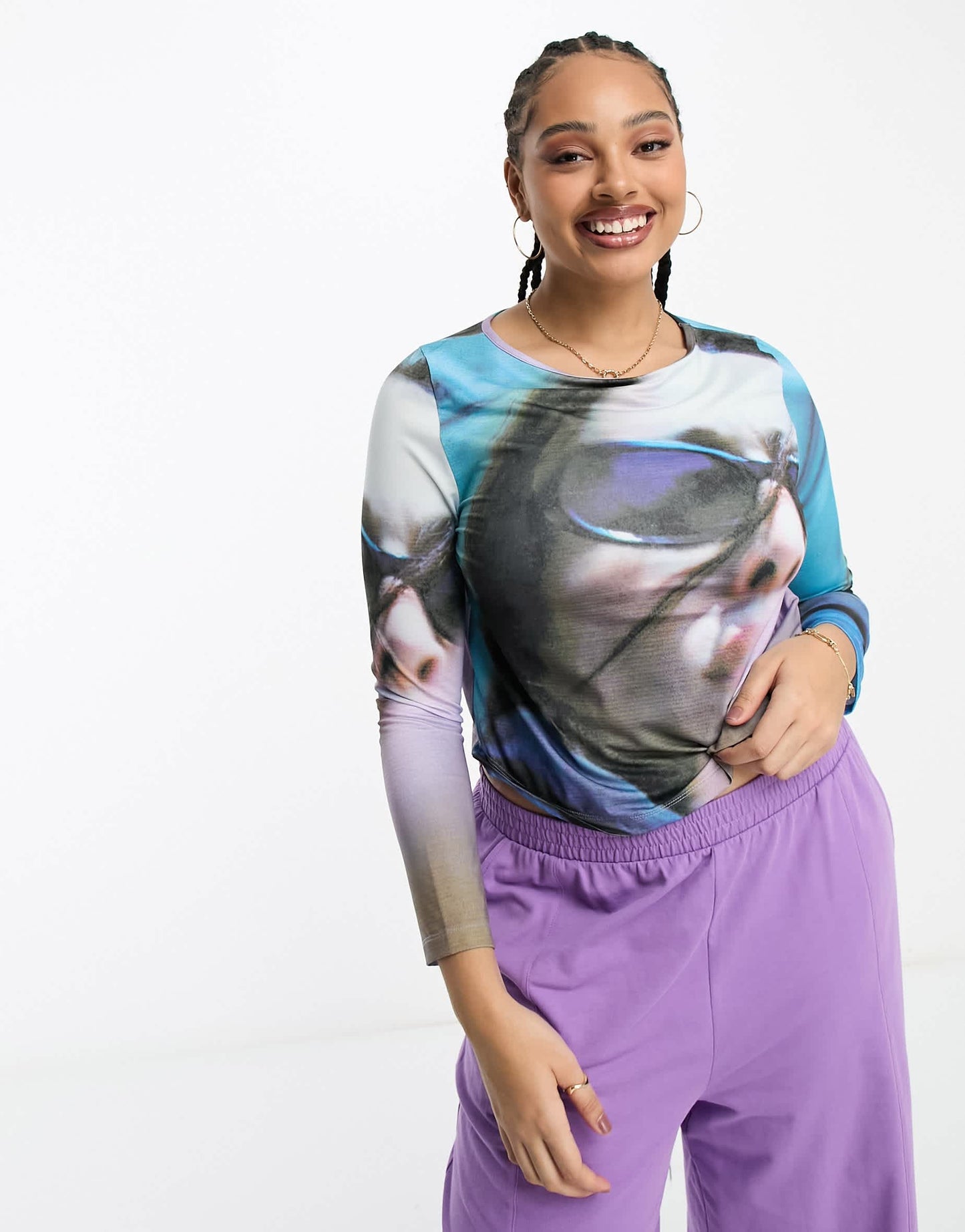 COLLUSION Plus photographic print long sleeve top in multi