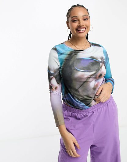 COLLUSION Plus photographic print long sleeve top in multi