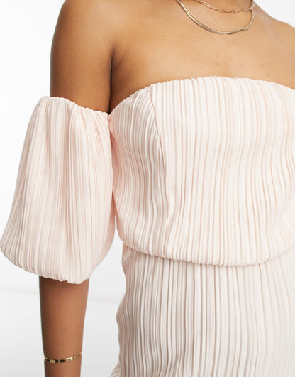 ASOS DESIGN Tall off shoulder puff sleeve plisse midi dress in peach blush