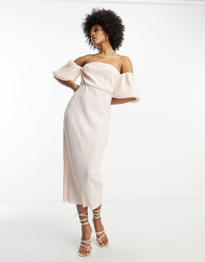 ASOS DESIGN Tall off shoulder puff sleeve plisse midi dress in peach blush
