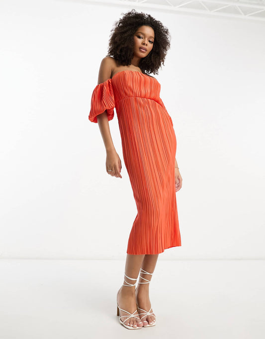ASOS DESIGN textured plisse bardot puff sleeve midi dress in tangerine