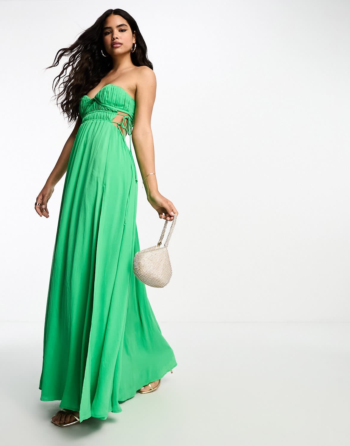ASOS DESIGN ruched bandeau washed satin maxi dress with tie detail in green