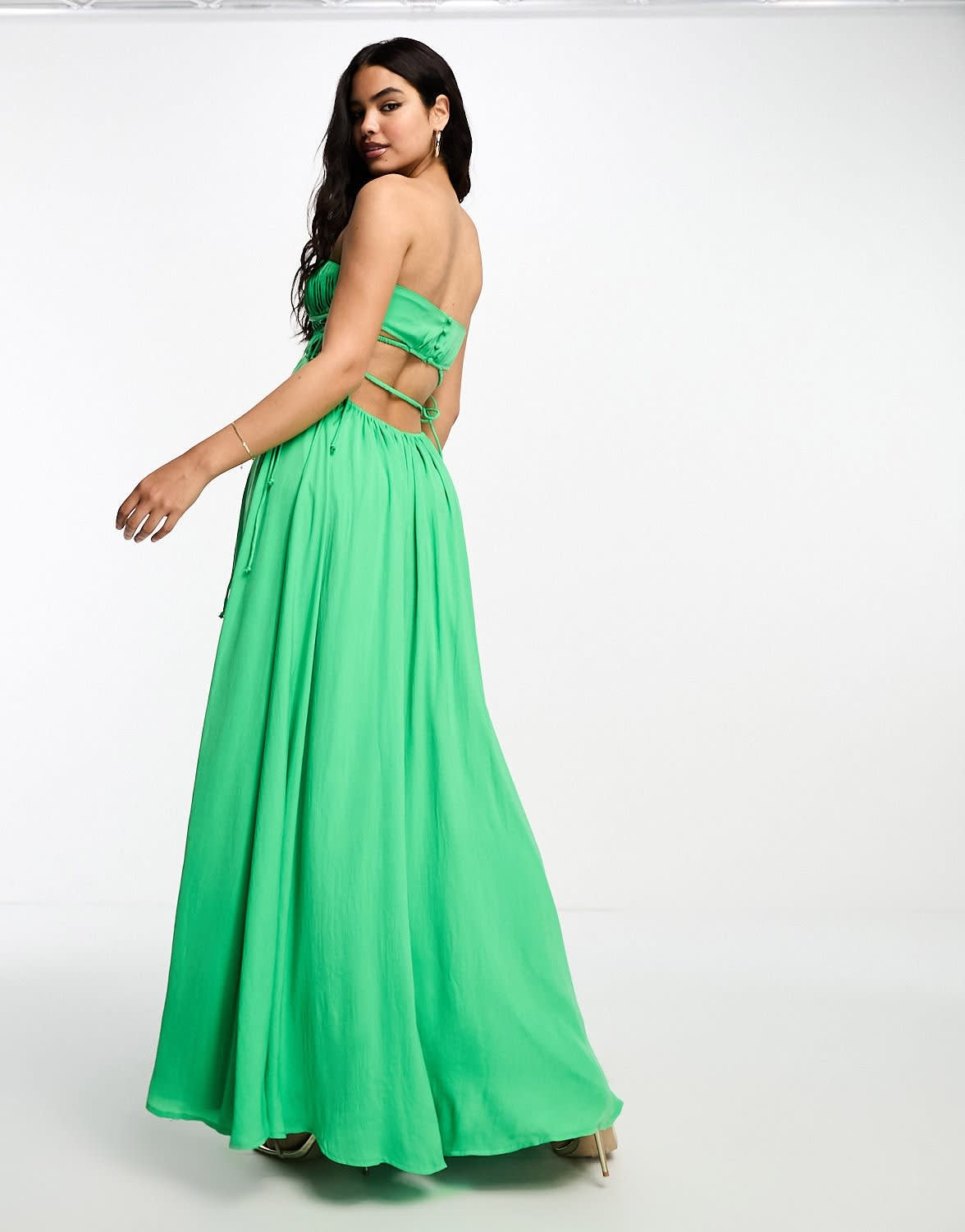 ASOS DESIGN ruched bandeau washed satin maxi dress with tie detail in green