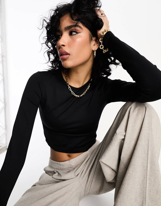 ASOS DESIGN seamless sculpting long sleeve baby tee in black
