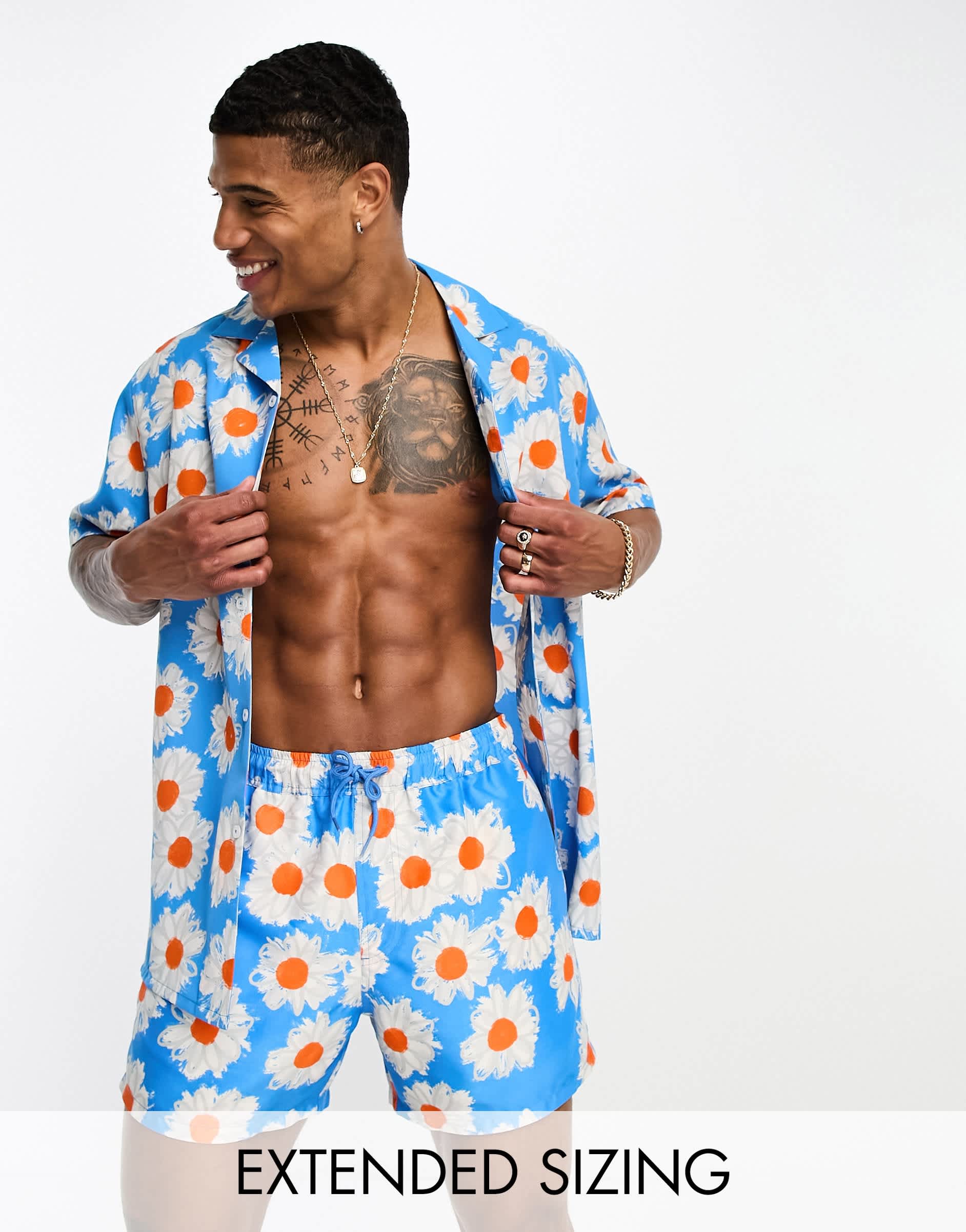 ASOS DESIGN co-ord relaxed revere shirt in blue daisy print