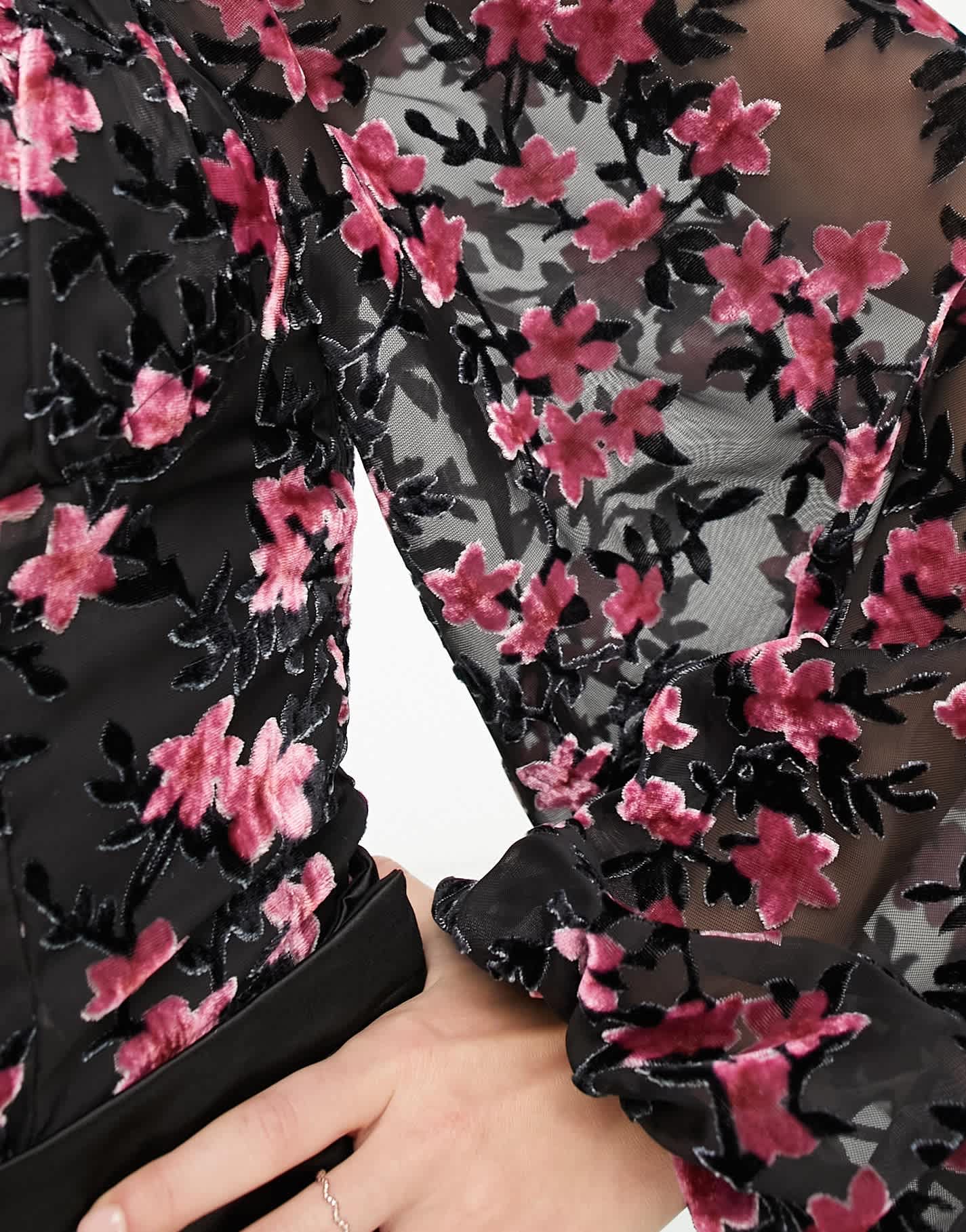 Sisters Of The Tribe bodysuit with frill edge and tie front in black with pink floral burnout