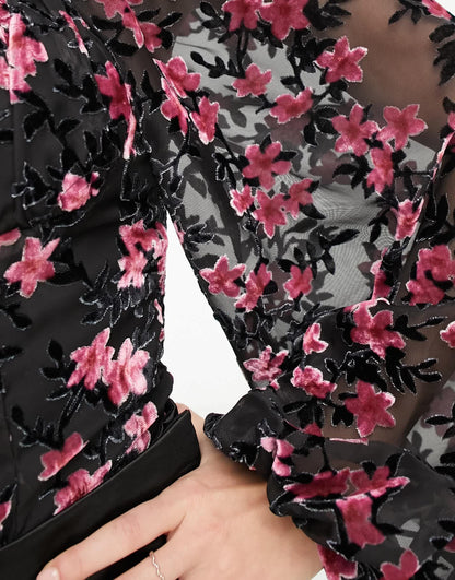 Sisters Of The Tribe bodysuit with frill edge and tie front in black with pink floral burnout