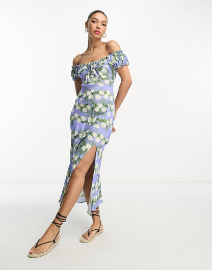 ASOS DESIGN viscose milkmaid tie neck midi dress in blurred floral