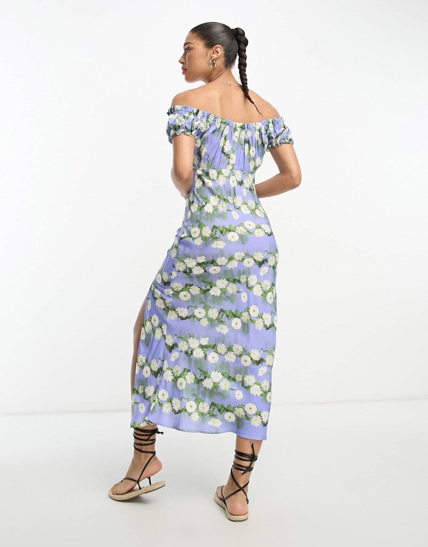 ASOS DESIGN viscose milkmaid tie neck midi dress in blurred floral