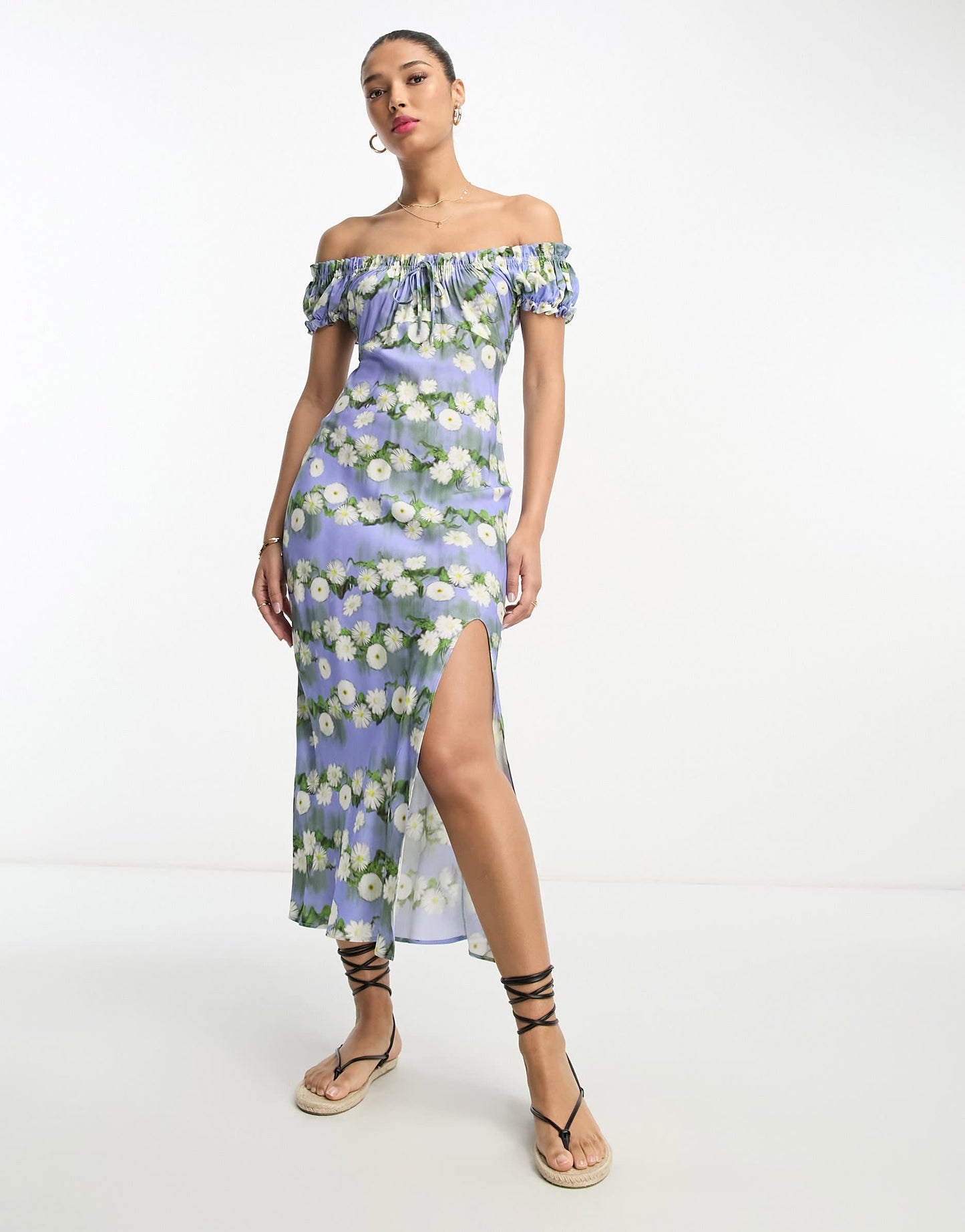 ASOS DESIGN viscose milkmaid tie neck midi dress in blurred floral