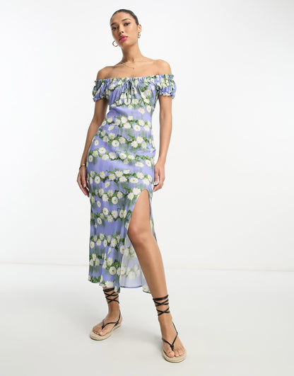ASOS DESIGN viscose milkmaid tie neck midi dress in blurred floral